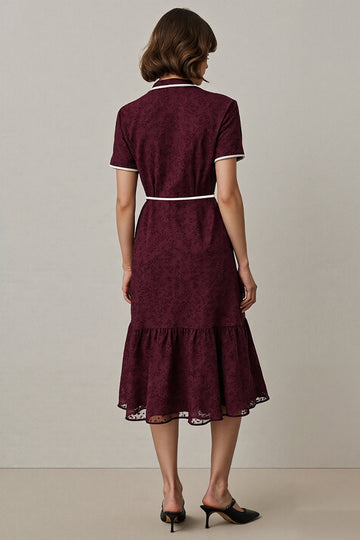 A Line Burgundy Midi V-Neck Work Dress